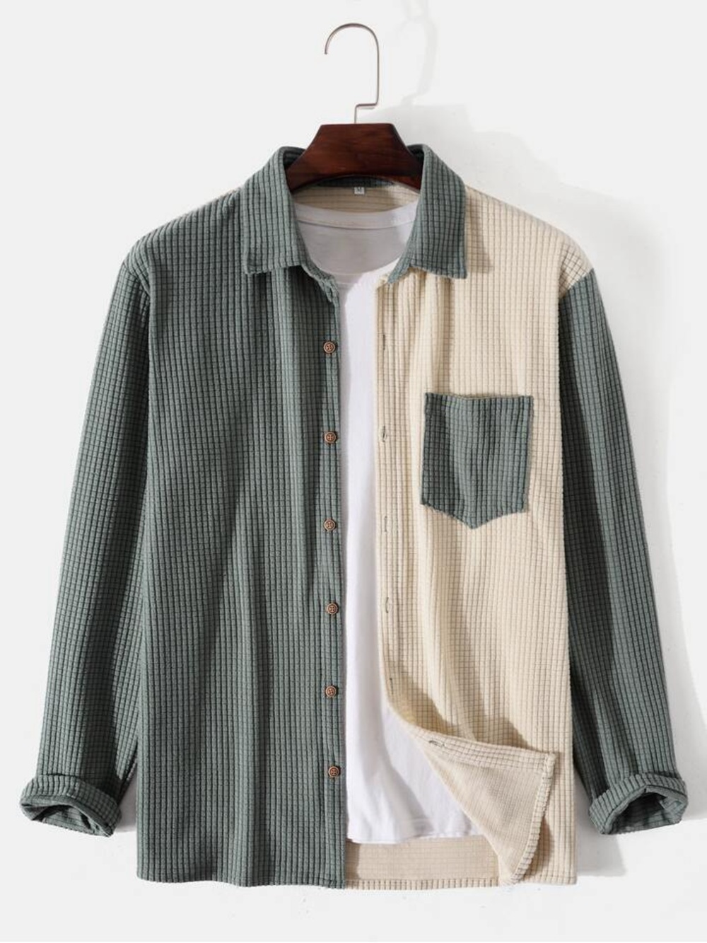 Mens Color Block Pocket Patched Button Down Shirt